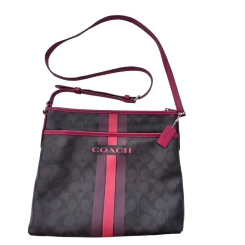 🎉SALE🎉 COACH Signature Varsity Stripe Crossbody Bag Brown Red PVC - Picture 1 of 16